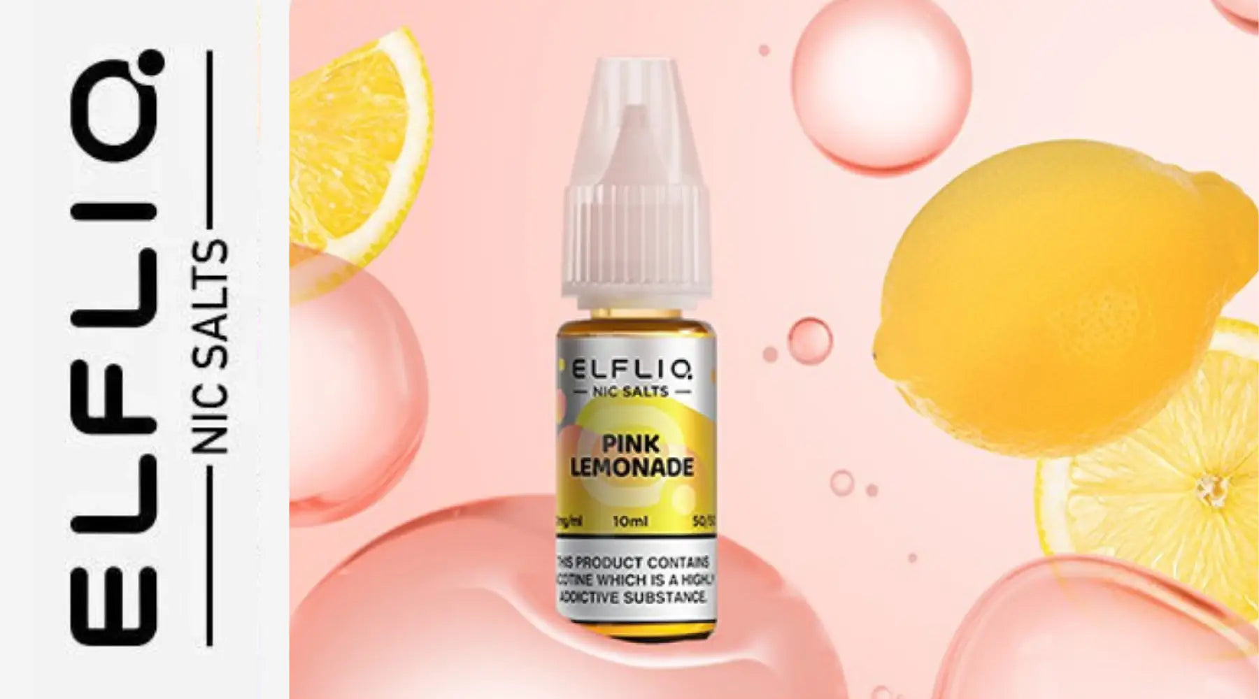 Pink lemonade flavored elfliq e-liquid in a dropper bottle for elf bar disposable vapes