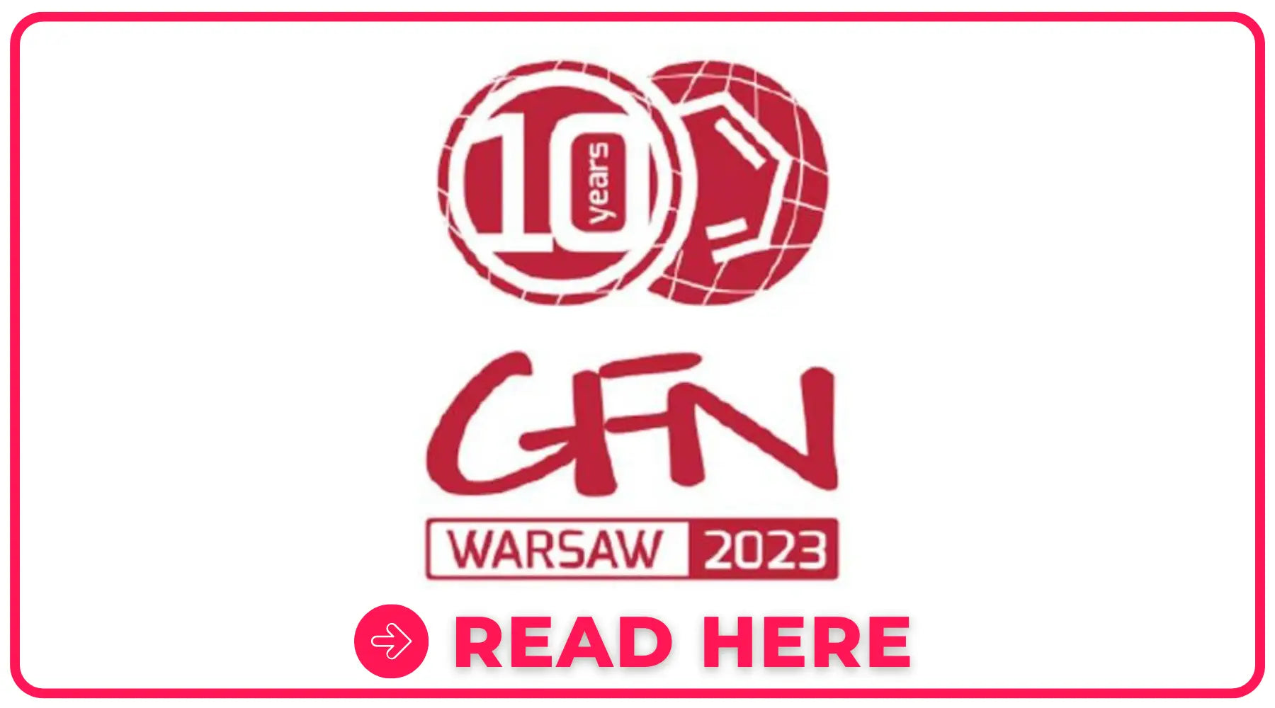 Promotional graphic for GFN Warsaw 2023 anniversary featuring 10 years logo, highlighting smokz vape store, £10 nic salt, and 50ml e-liquids trends