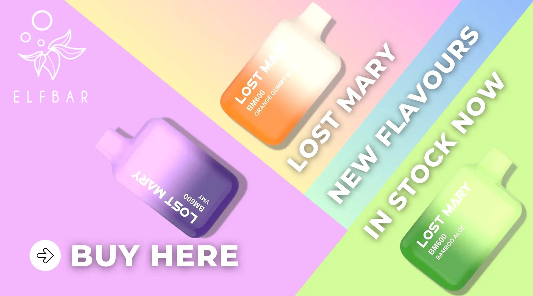 Gradient-colored Lost Mary Vape devices with £10 Nic Salt and 50ml E-liquids
