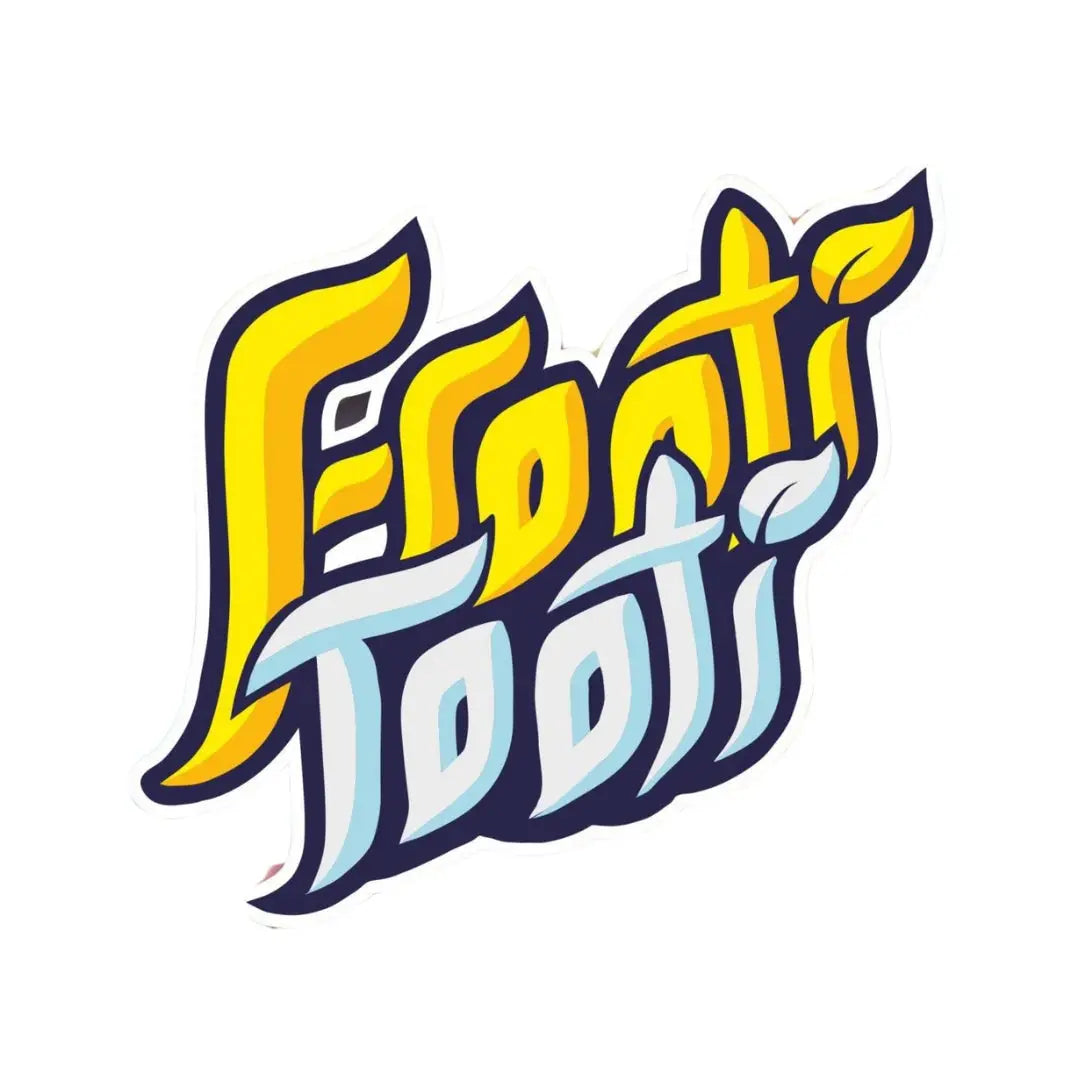 Vibrant Froot Tooti vape juice logo with bold yellow and light blue text and leaf accents