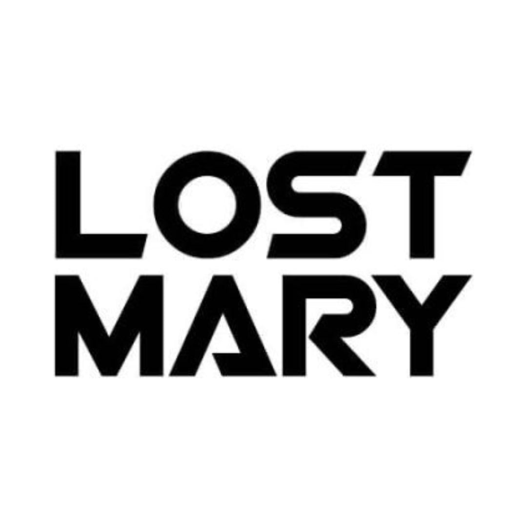 Red square Lost Mary Vape logo with white leaf and bubble design for nic salt e-liquid