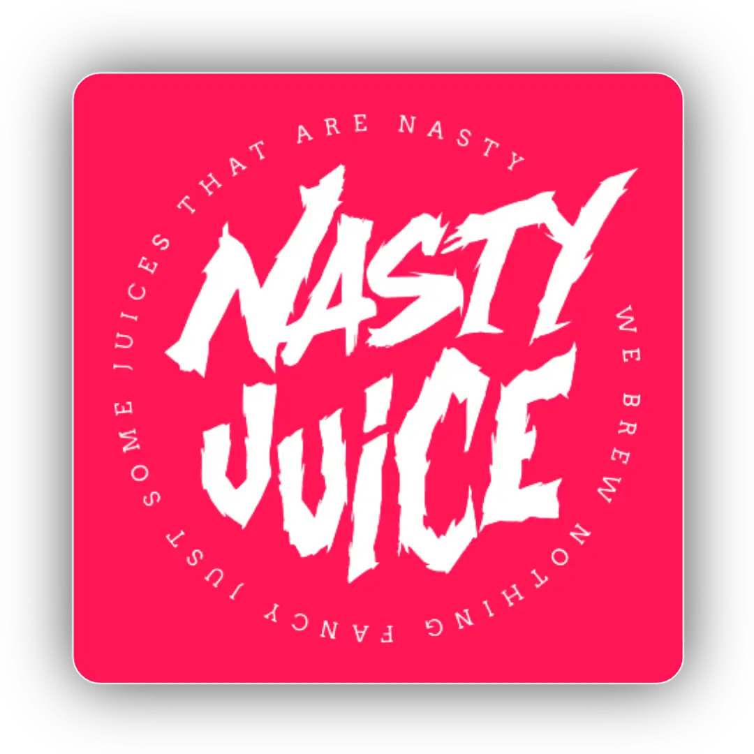 Square pink label with rounded corners featuring Nasty Juice in stylized white text for premium vaping.