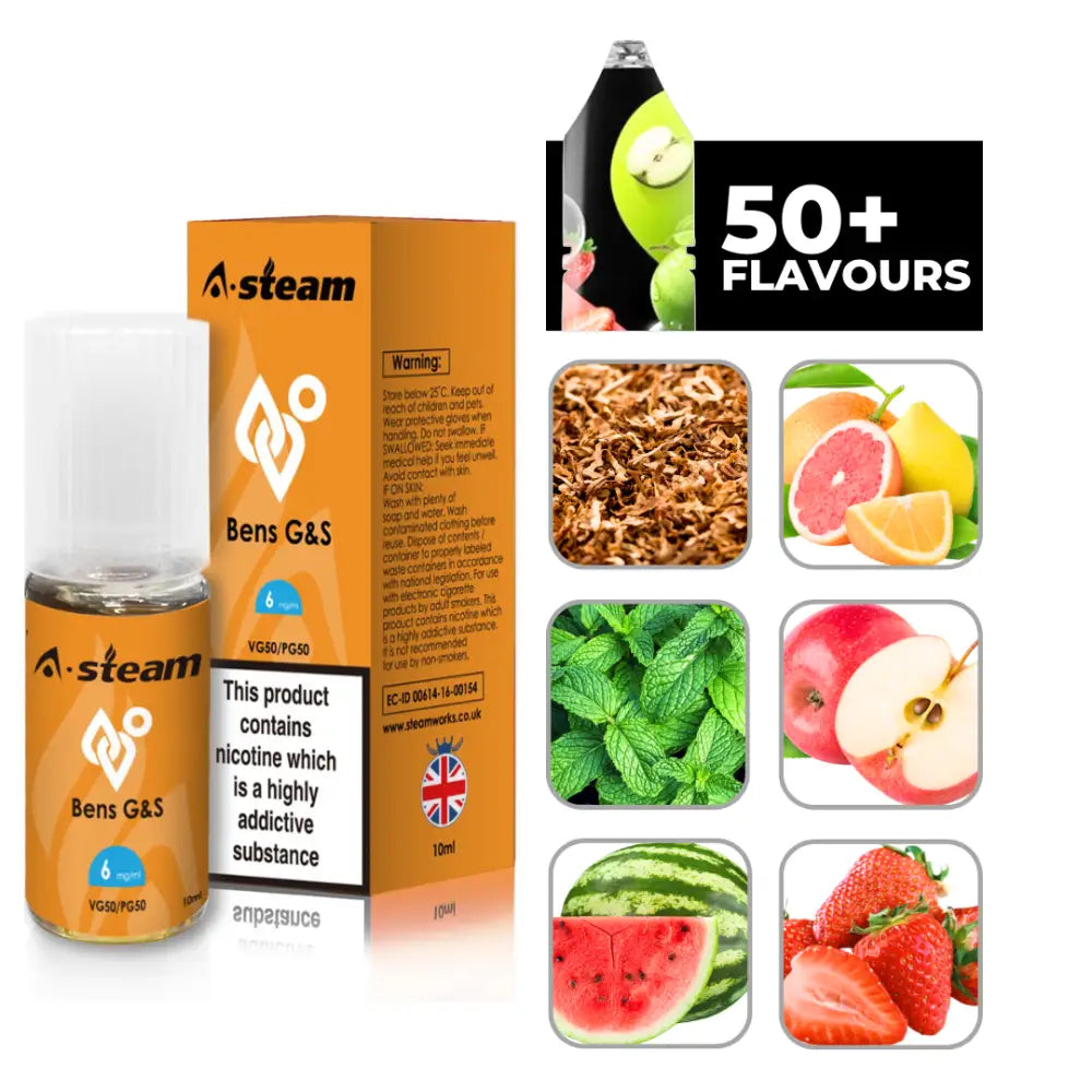 A Steam 10ml Vape Liquid with Tobacco E Liquid flavors and ingredients displayed