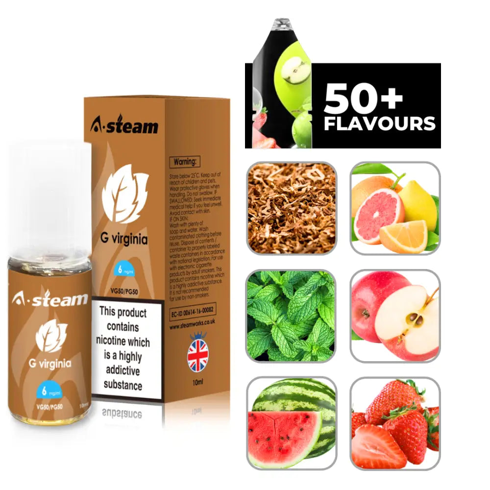 A steam 10ml e liquid with various vape liquid flavor options for Golden Virginia Tobacco
