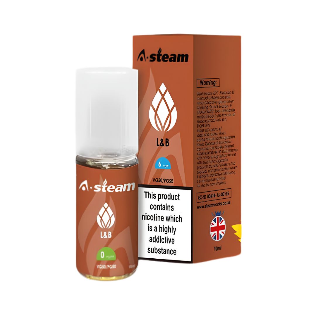 A Steam Ben L and B tobacco ten ml e liquid bottle compatible with low power vape kits.