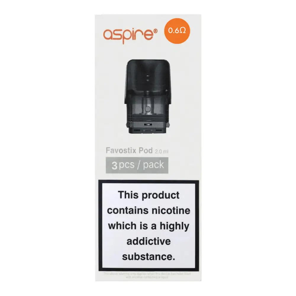 Aspire Favostix pods replacement cartridge with 0.6Ω coil and nicotine warning