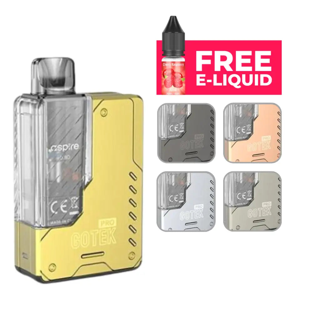 Aspire Gotek Pro vape kit with gold and clear pod, free e-liquid, and color options