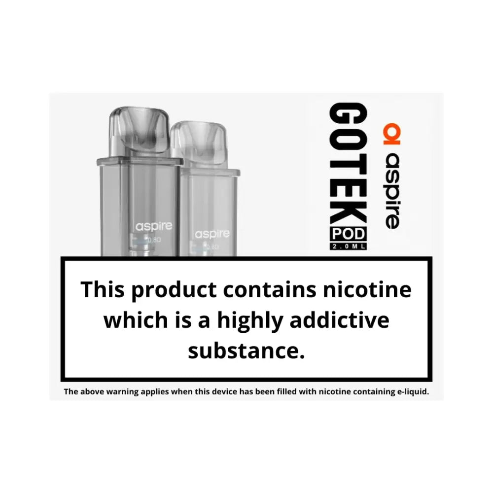 Aspire Gotek replacement vape pods with nicotine warning for authentic Aspire vaping experience