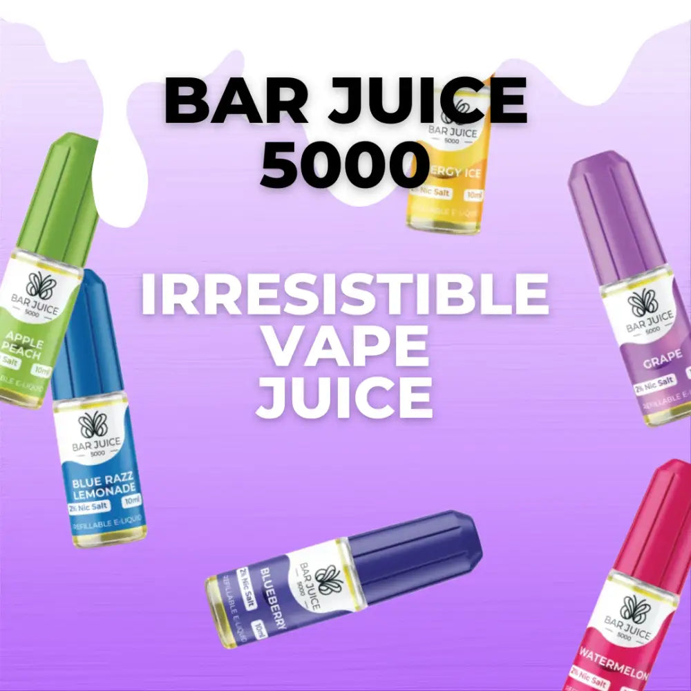 Assorted vape juice bottles featuring various flavors including Gummy Bear Nic Salt from Bar Juice 5000