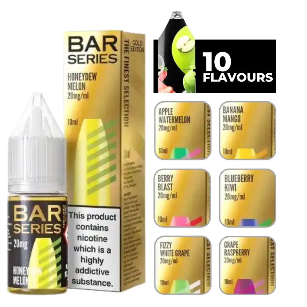 Variety of nicotine salt vape juice flavors from Bar Series Gold Edition E-Liquid Honeydew Melon