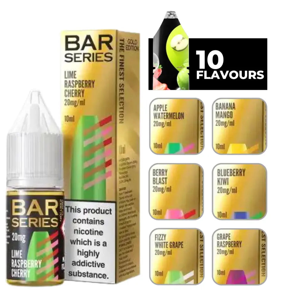 Bar Series Gold Edition E-Liquid Lime with a variety of fruit-flavored nicotine vape liquids