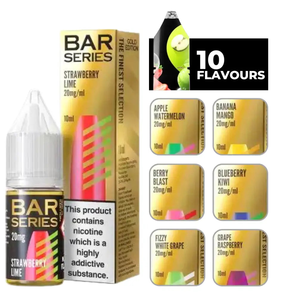 Vape juice bottles and packaging showcasing Bar Series Gold Edition e-liquid strawberry lime flavor