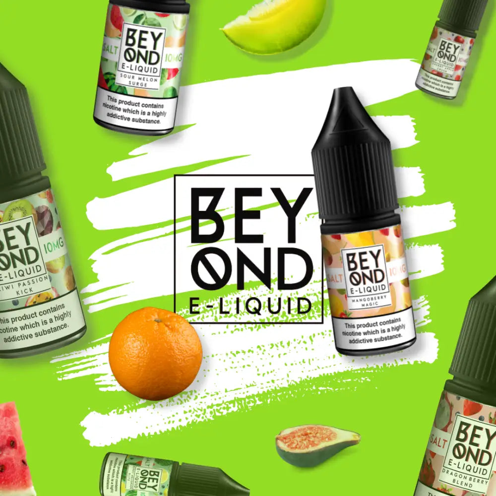 Beyond Vape E-Liquid bottles with fruit-themed labels including Berry Melonade Blitz and Cherry Apple Crush