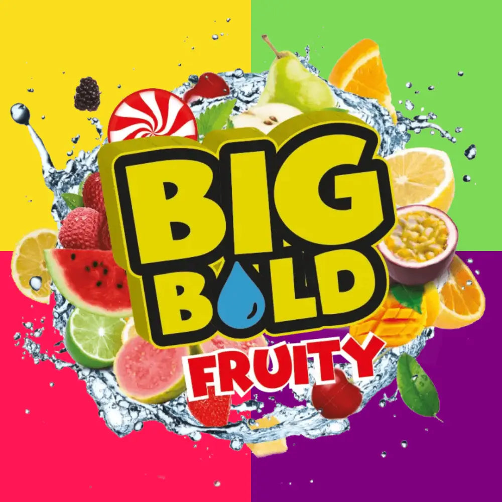 Vibrant fresh fruits and berries with candy swirl for Big Bold 100ml fruity series e-liquids