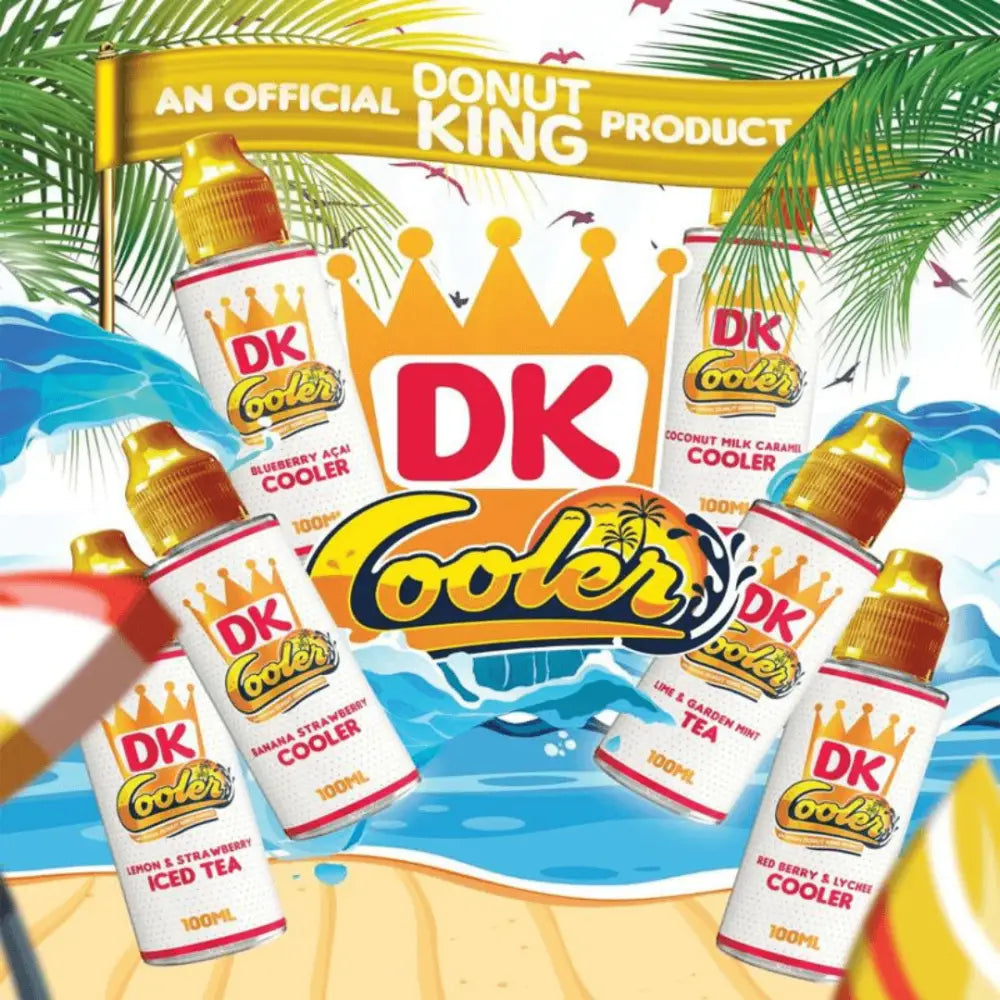 Collection of Dk 100ml e-liquid cooler series bottles with banana strawberry cooler and strawberry iced tea flavors