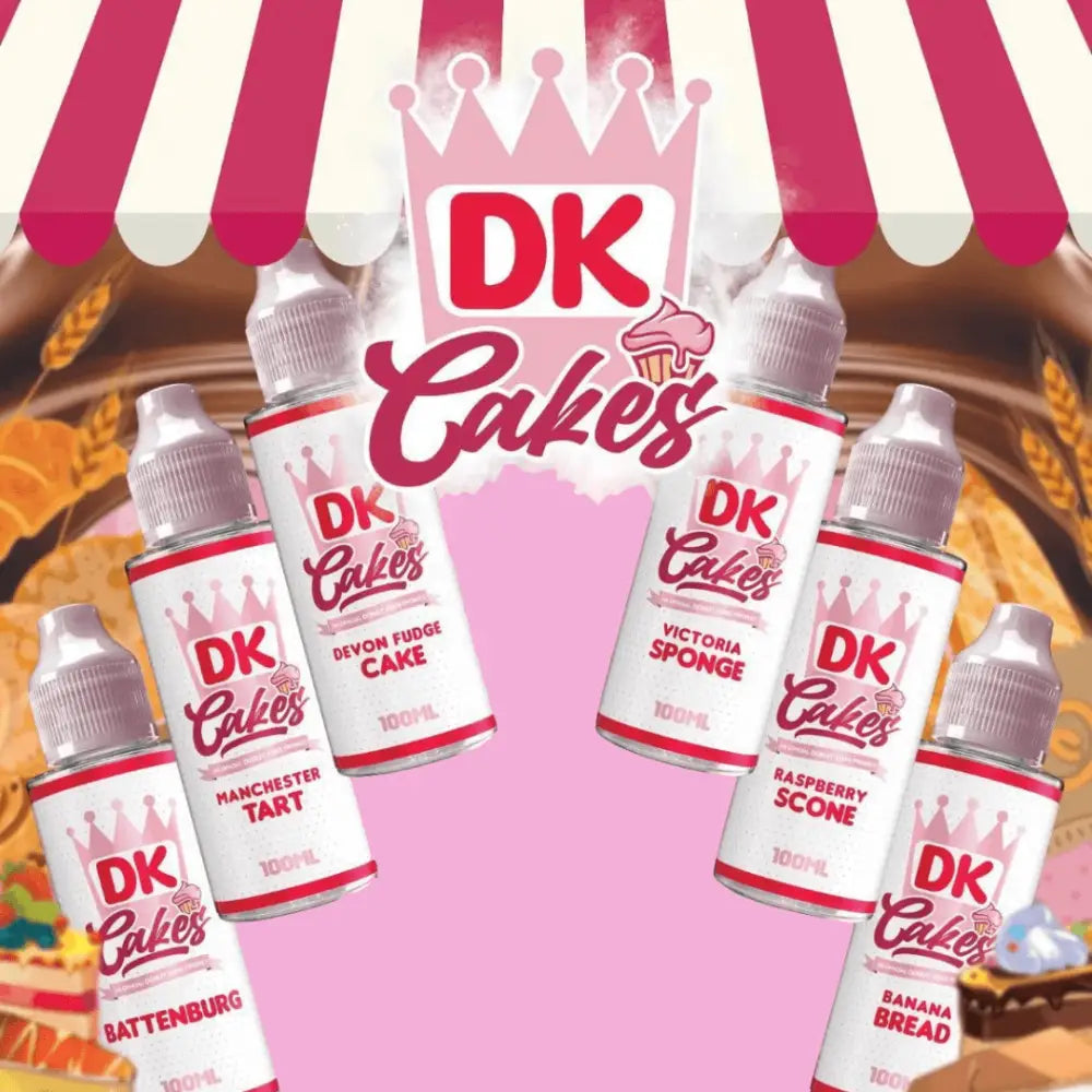 Six bottles of DK Cakes flavored e-liquid from Smokz Vape Store, Royal Mail tracked delivery