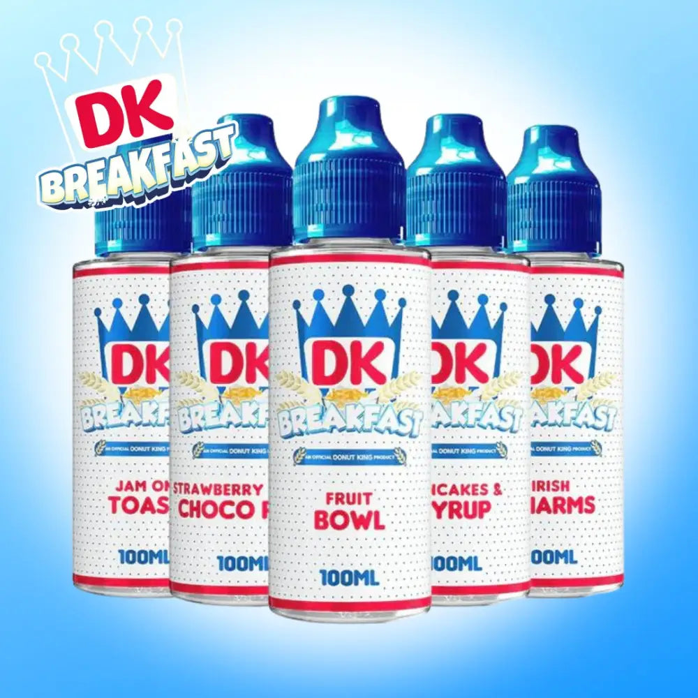 Five Dk Donut King Breakfast 100ml E-Liquids bottles with blue caps at Smokz Vape Store