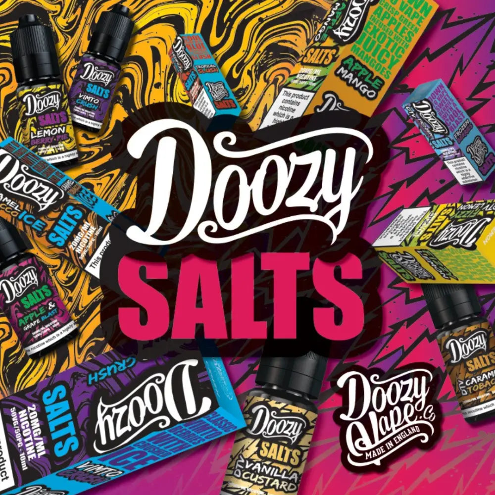 Assorted Doozy Salts vape juices and packaging at Smokz Vape Store featuring caramel tobacco and lemon berry pie flavors