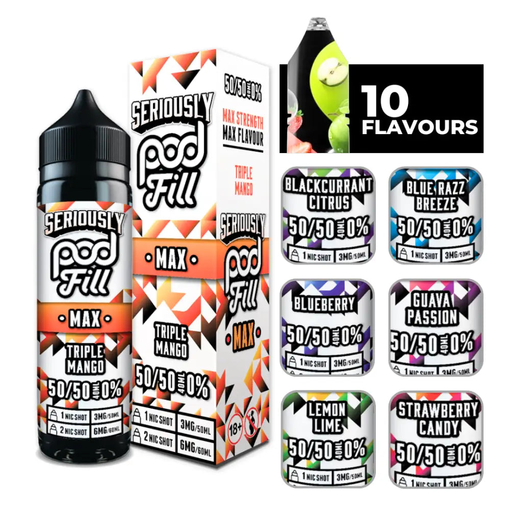 Doozy Seriously Pod Fill Max 40ml E-Liquid with assorted fruit and candy flavors