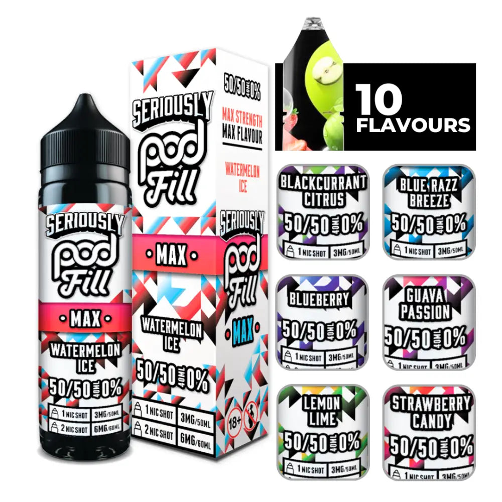 Doozy Seriously Pod Fill Max 40ml E-Liquid bottle and packaging with various flavors