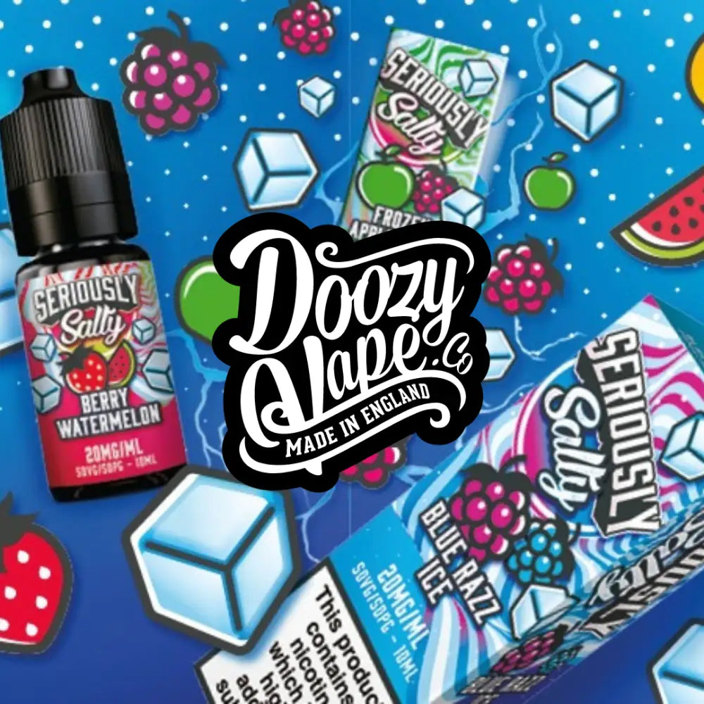 Collection of Doozy Seriously Salty 10ml Nic Salt E-Liquids featuring Arctic Berries, Blue Razz Ice, and Frozen Apple Berry flavors