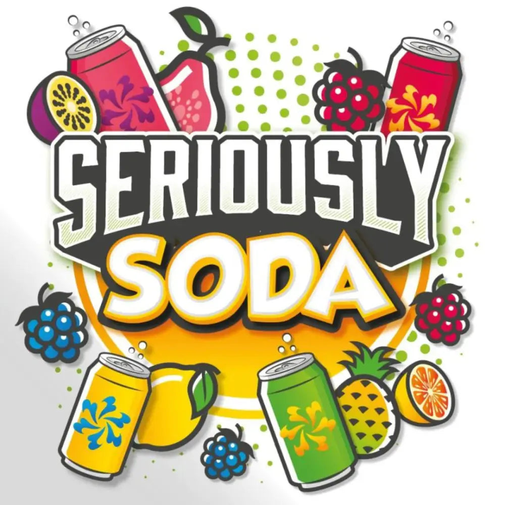 Colorful soda cans and fruits illustration for Doozy Seriously Soda 10ml Nic Salts e-liquid at Smokz Vape Store featuring Blue Razz flavor
