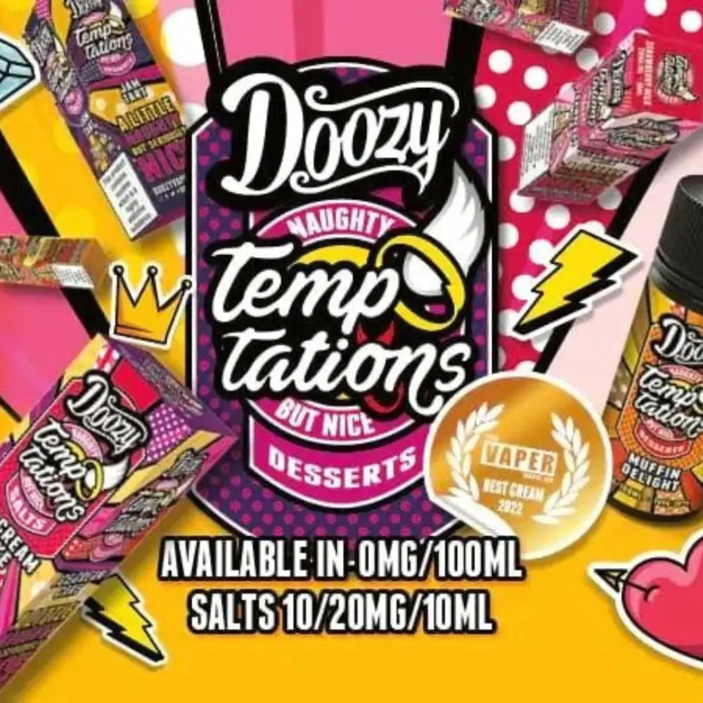 Assorted flavors of Doozy Temptations Nic Salts e-liquid displayed at Smokz Vape Store