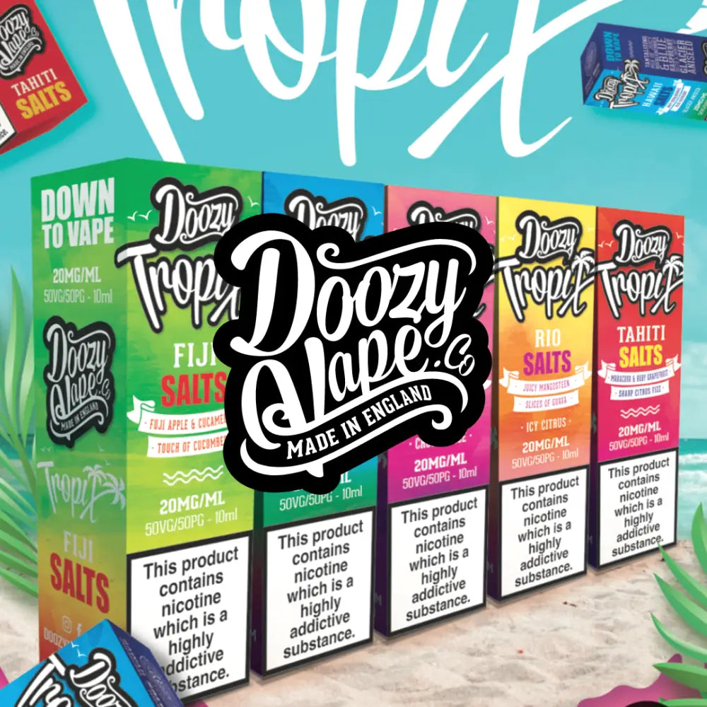 Vibrant display of Doozy Tropix nic salt e-liquids in tropical flavors at Smokz Vape Store
