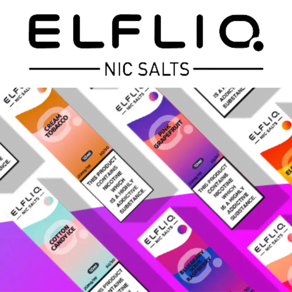 Multiple bottles of Elfliq Nic Salts e-liquid in various flavors at Smokz Vape Store