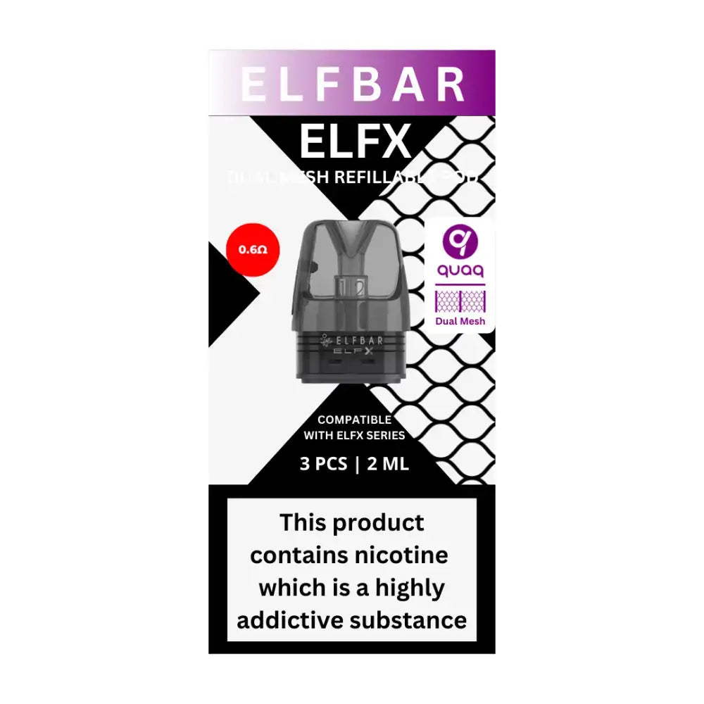 Elf Bar ELFX refillable vape pod box with 0.6Ω Quaq Dual Mesh and nicotine warning