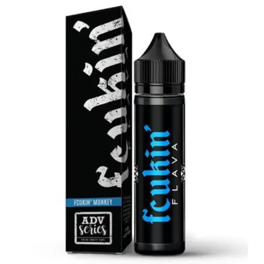 Black vape juice bottle and box with blue and white lettering for Fcukin Munkey 50ml e-liquid at Smokz Vape Store