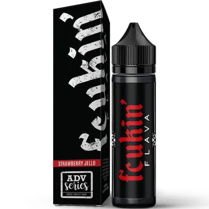 Black Fcukin Flava vape juice bottle and box with red and white text for Strawberry Jello 50ml