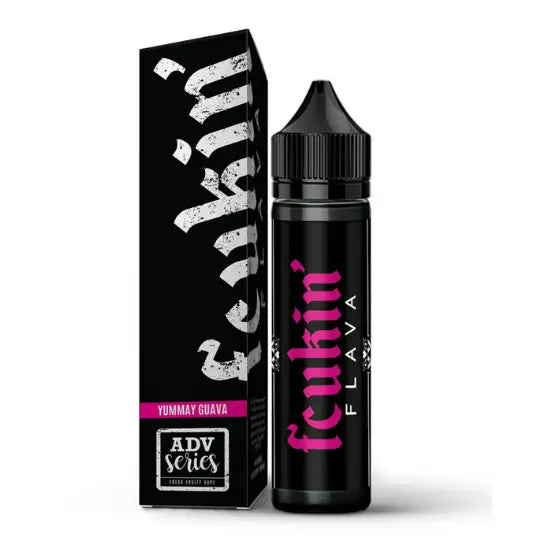 Black vape juice bottle and box with pink and white lettering for Fcukin Flava Yummay Guava 50ml from Smokz Vape Store