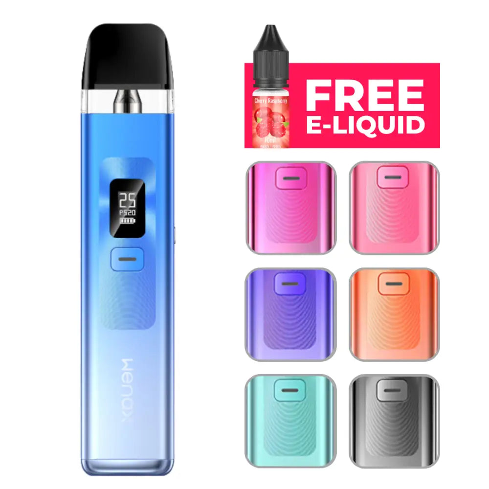 Blue Geek Vape Wenax Q Pod Kit with digital display, e-liquid bottle, and colorful pods