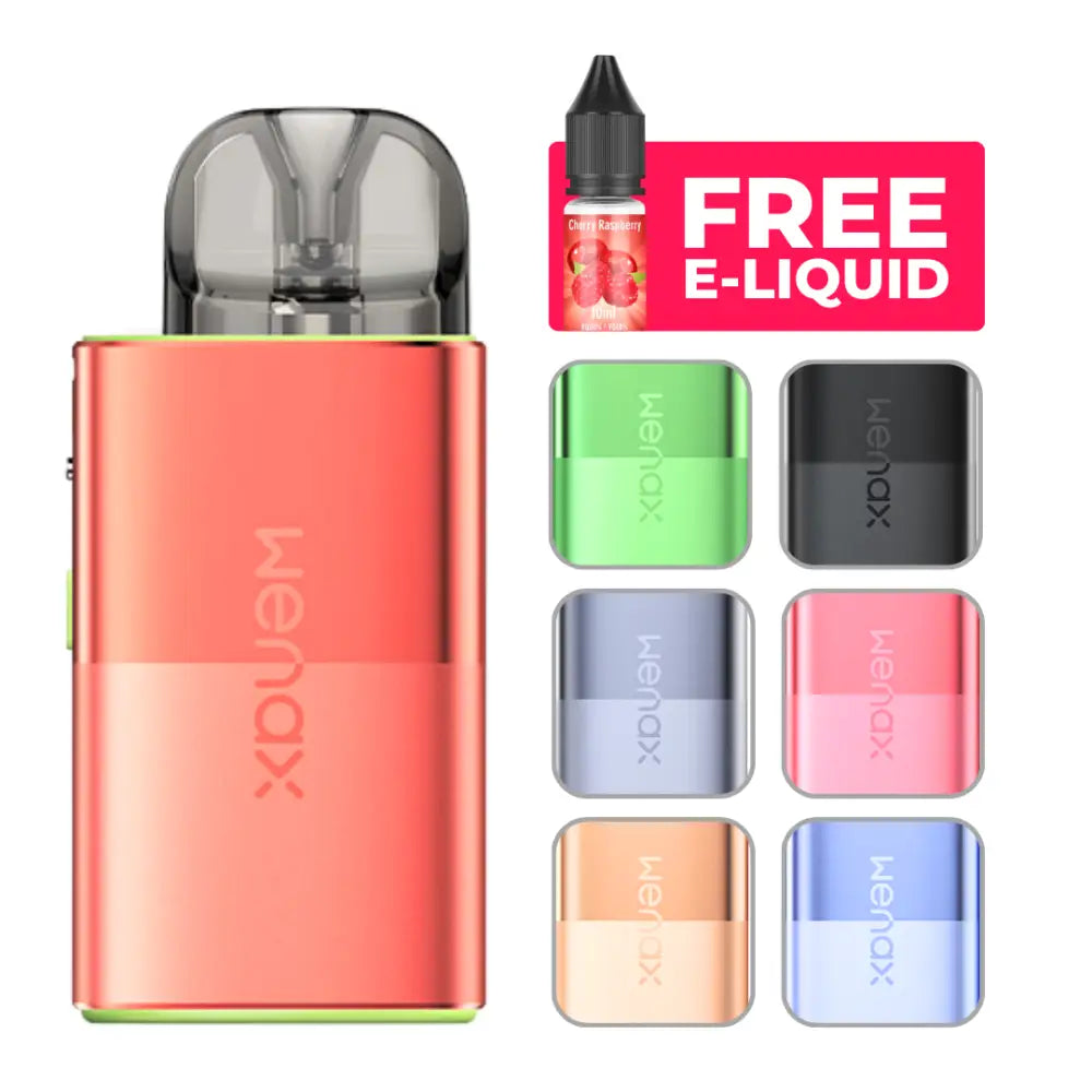 Coral-colored Geekvape Wenax U vape kit with transparent mouthpiece and six interchangeable pods