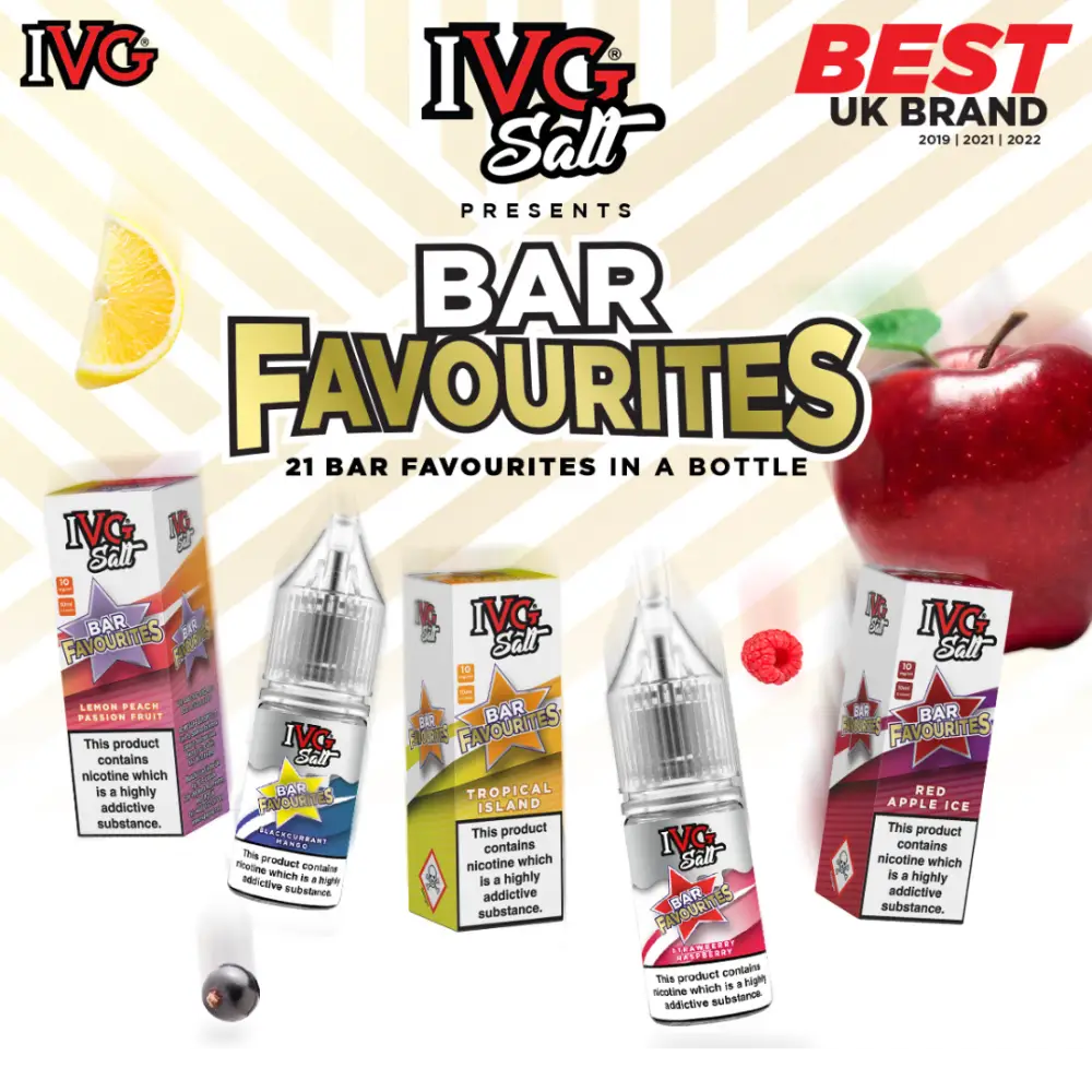 Vape liquid bottles and packaging with Bar Favourites branding for IVG Salts Bar Sour Raspberry nicotine salts