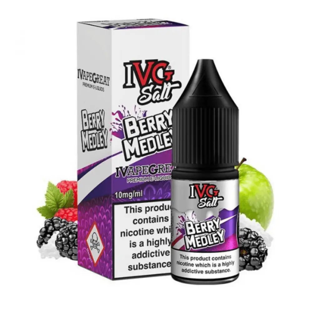 Vape juice bottle and packaging featuring IVG Salt Berry Medley 10ml e-liquid flavor