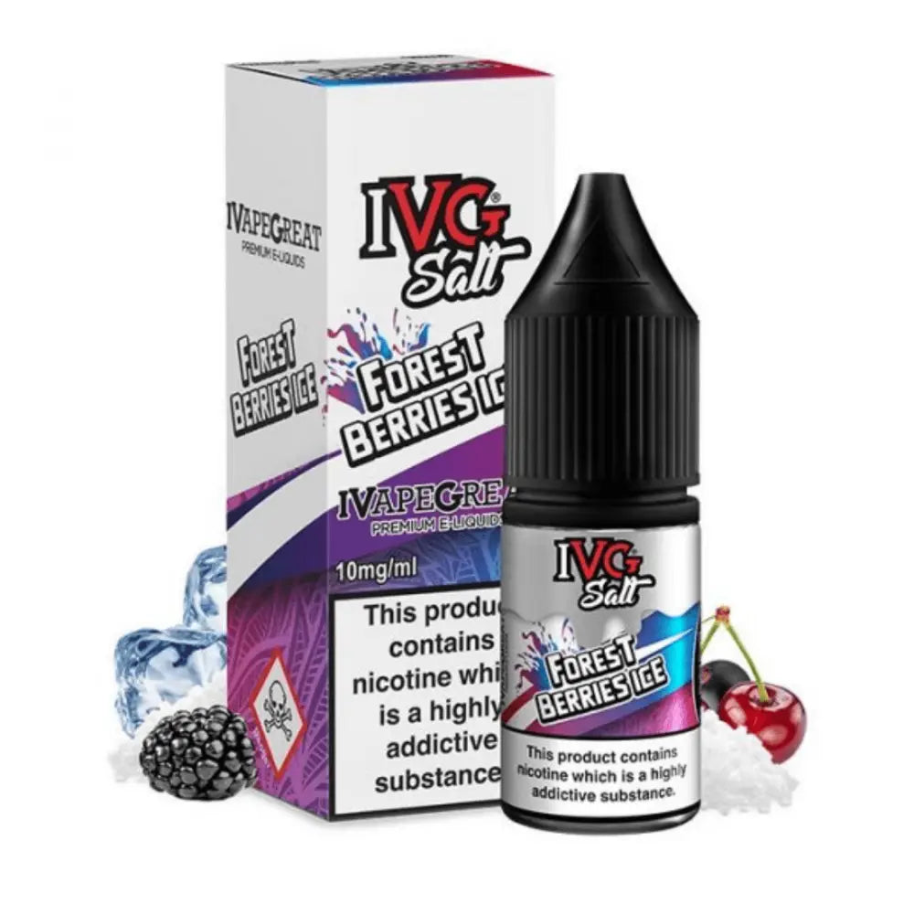 Bottle of IVG Salt Forest Berries Ice flavored vape liquid with 10mg/ml nicotine strength