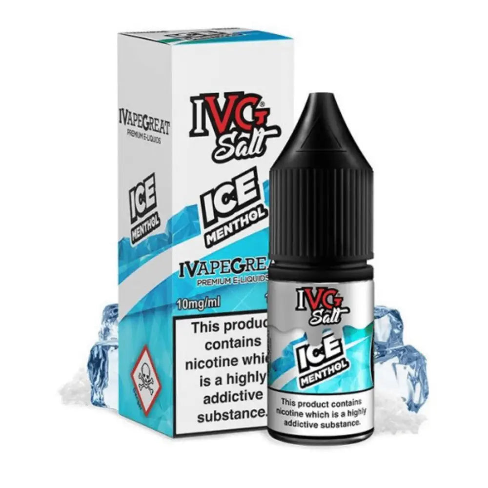 Box and bottle of IVG Salt Ice Menthol 10ml e-liquid with menthol flavor