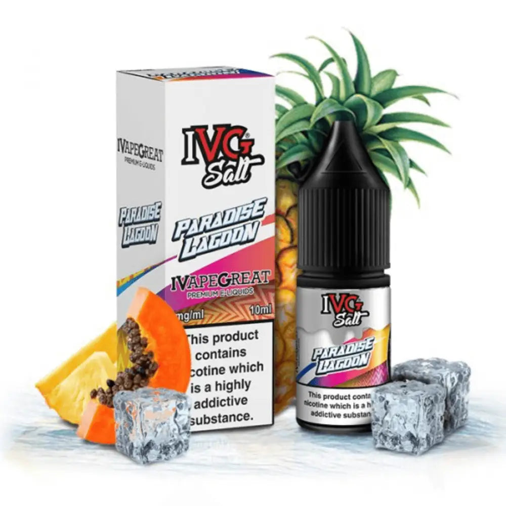 Image of IVG Salt Paradise Lagoon 10ml e-liquid with tropical fruit flavor and packaging
