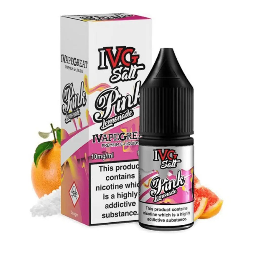 Pink Lemonade flavored nicotine salt e-liquid in 10ml bottle, part of IVG Salt Pink collection