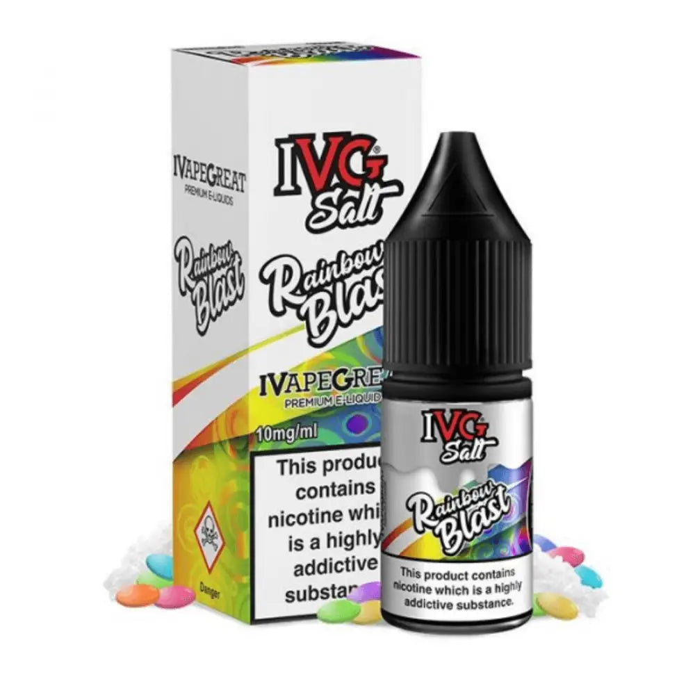 Box and bottle of IVG Salt Rainbow Blast 10ml nicotine e-liquid product image
