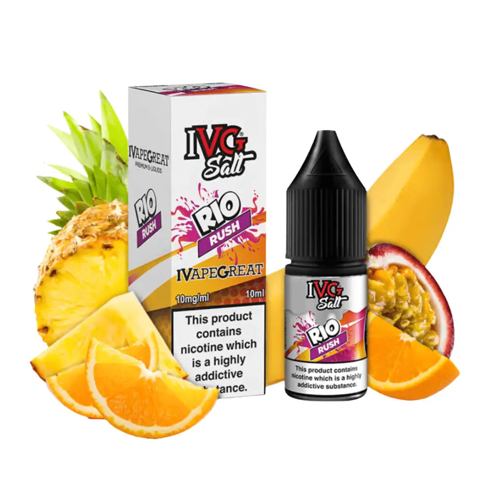 Tropical fruit-flavored vape liquid with nicotine from IVG Salt Rio Rush 10ml e-liquid