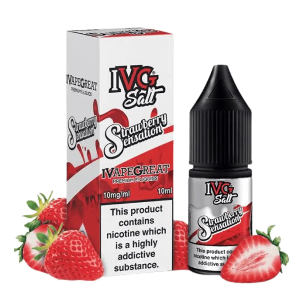 Bottle and box of IVG Salt Strawberry Sensation 10ml e-liquid at Smokz Vape Store