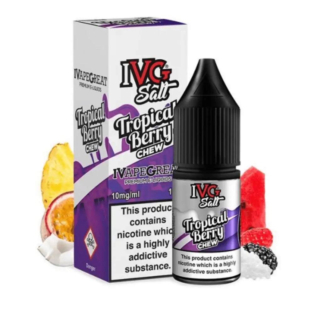 Bottle of IVG Salt Tropical Berry Chew flavored nicotine salt e-liquid, tropical berry 10ml