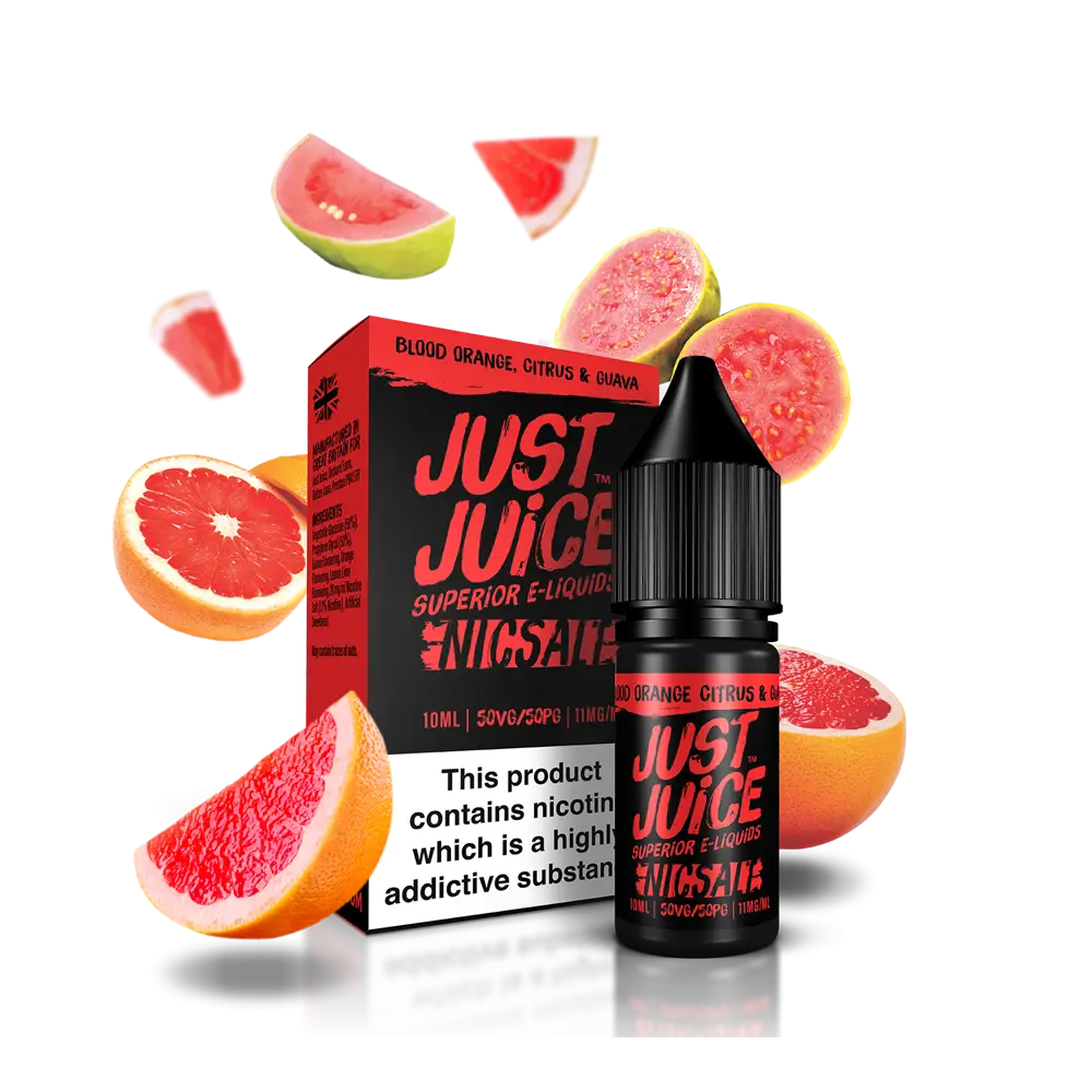 Vape juice with blood orange, citrus, and guava flavoring for Just Juice Blood Orange Nic Salt E-Liquid at Smokz Vape Store