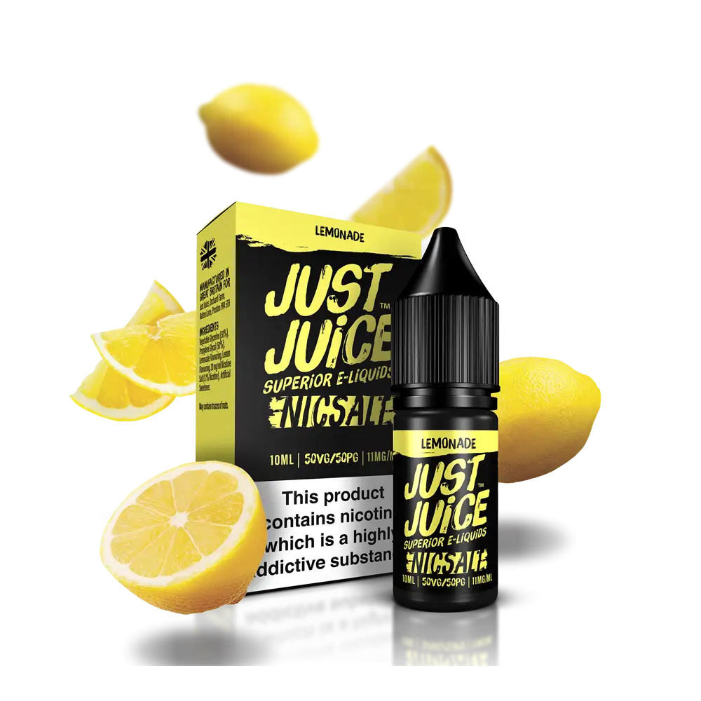 Lemonade-flavored vape juice bottle and box with lemons at Smokz Vape Store, Juice Lemonade 10ml Nic Salt E-Liquid