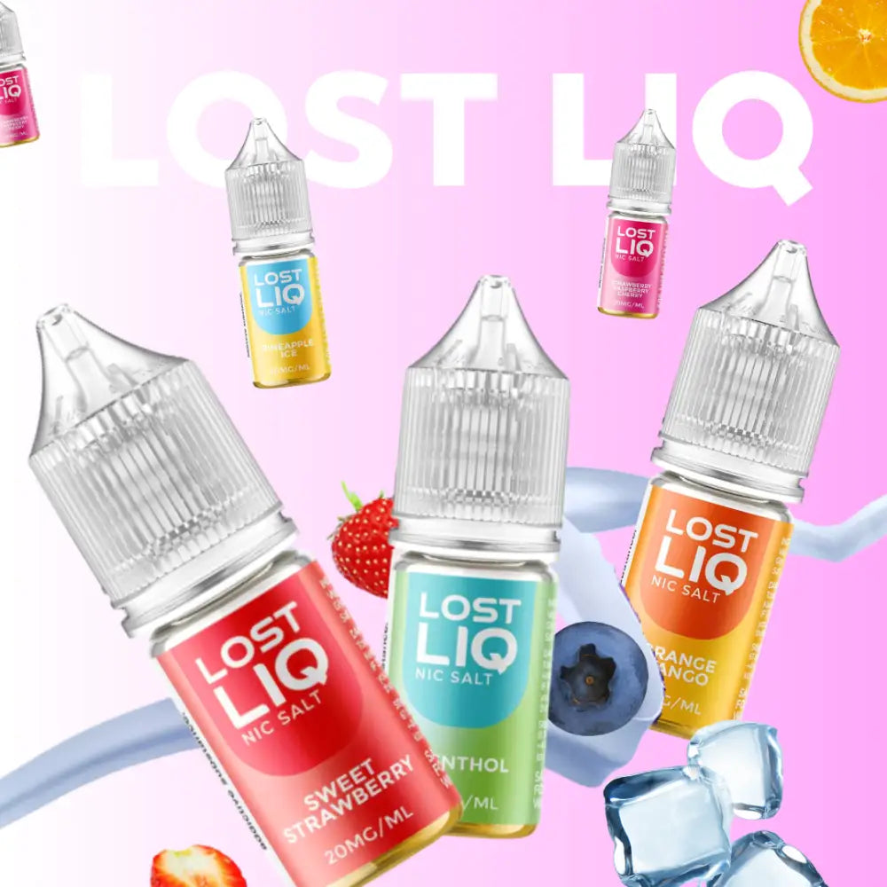 Assorted Lost Liq Nic Salt vape juice bottles with fruit flavors at Smokz Vape Store