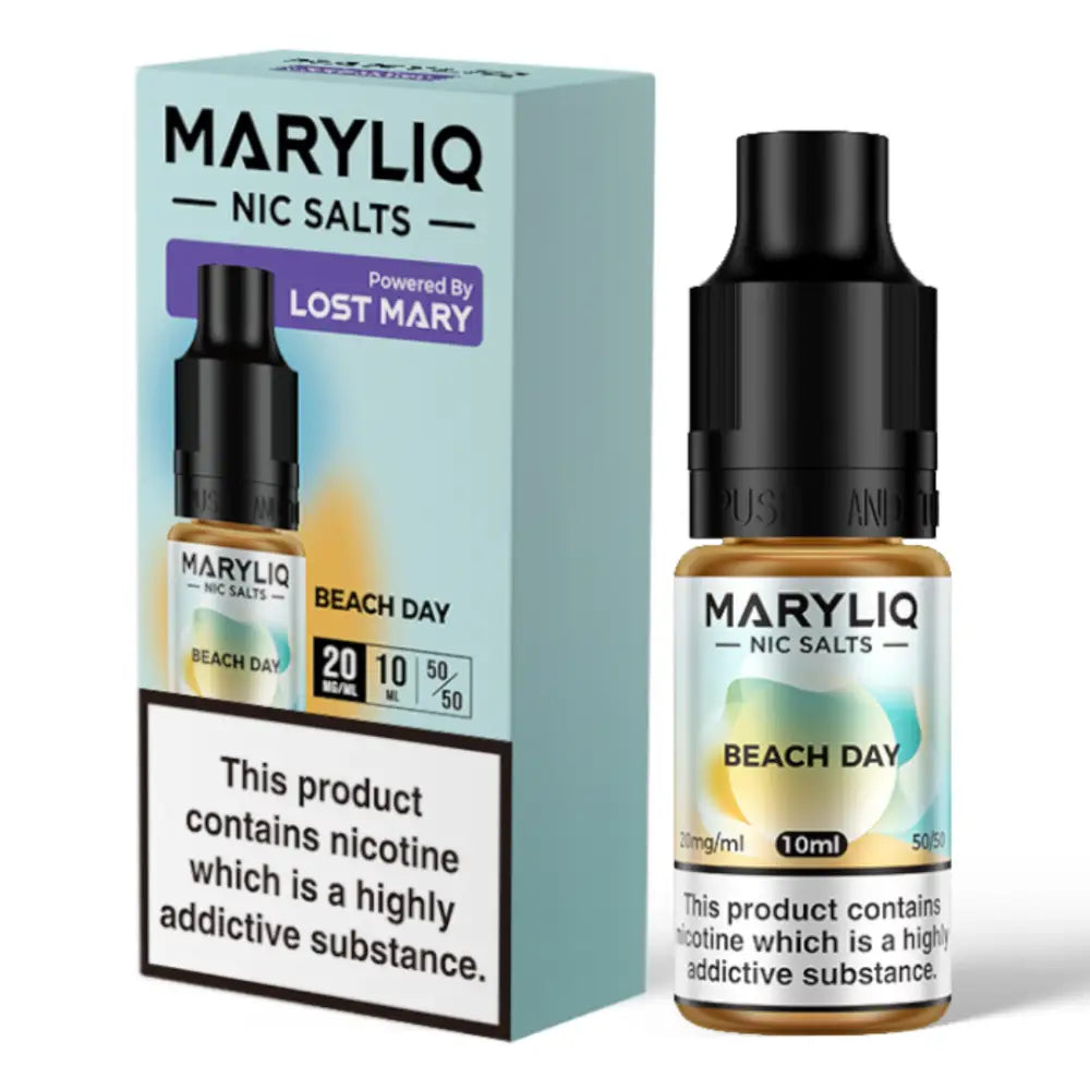 E-liquid bottle and box for Beach Day flavored nicotine salts by Maryliq E-Liquid