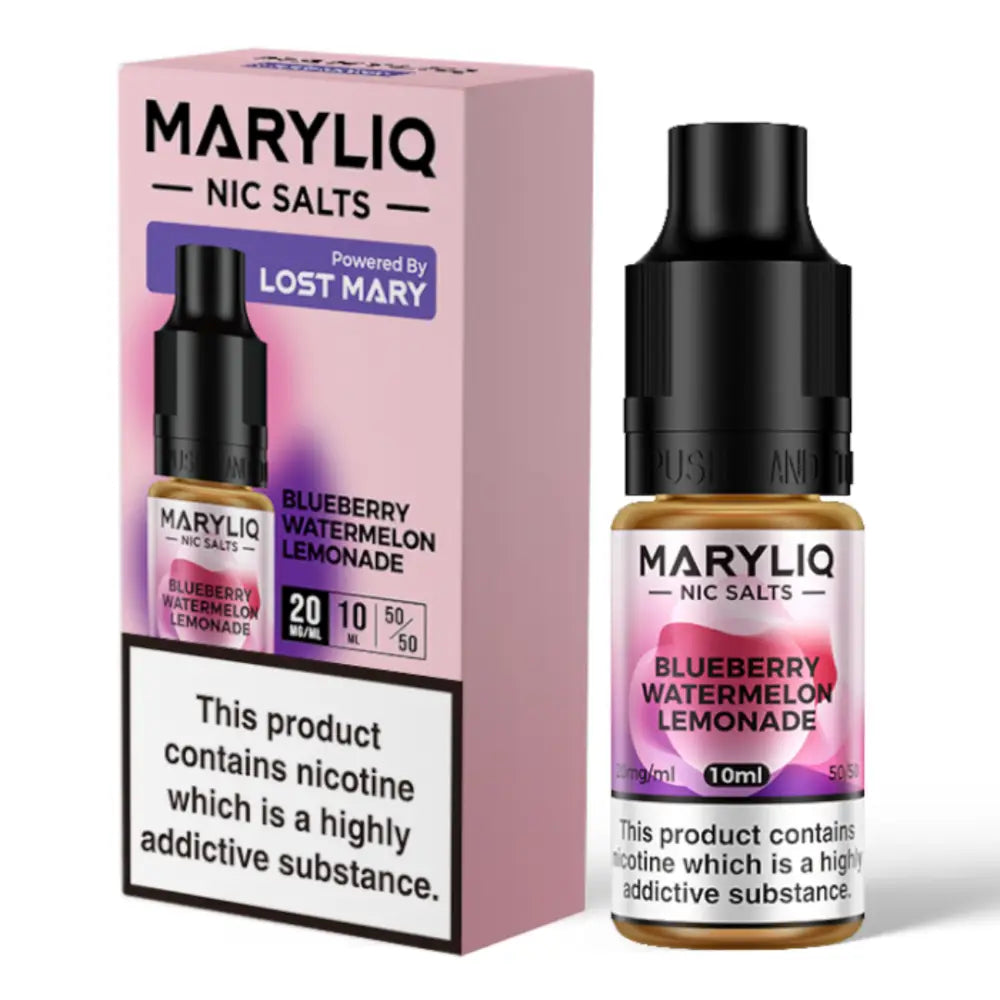 Bottle of Maryliq E-Liquid Nic Salt Blueberry Watermelon Lemonade with packaging